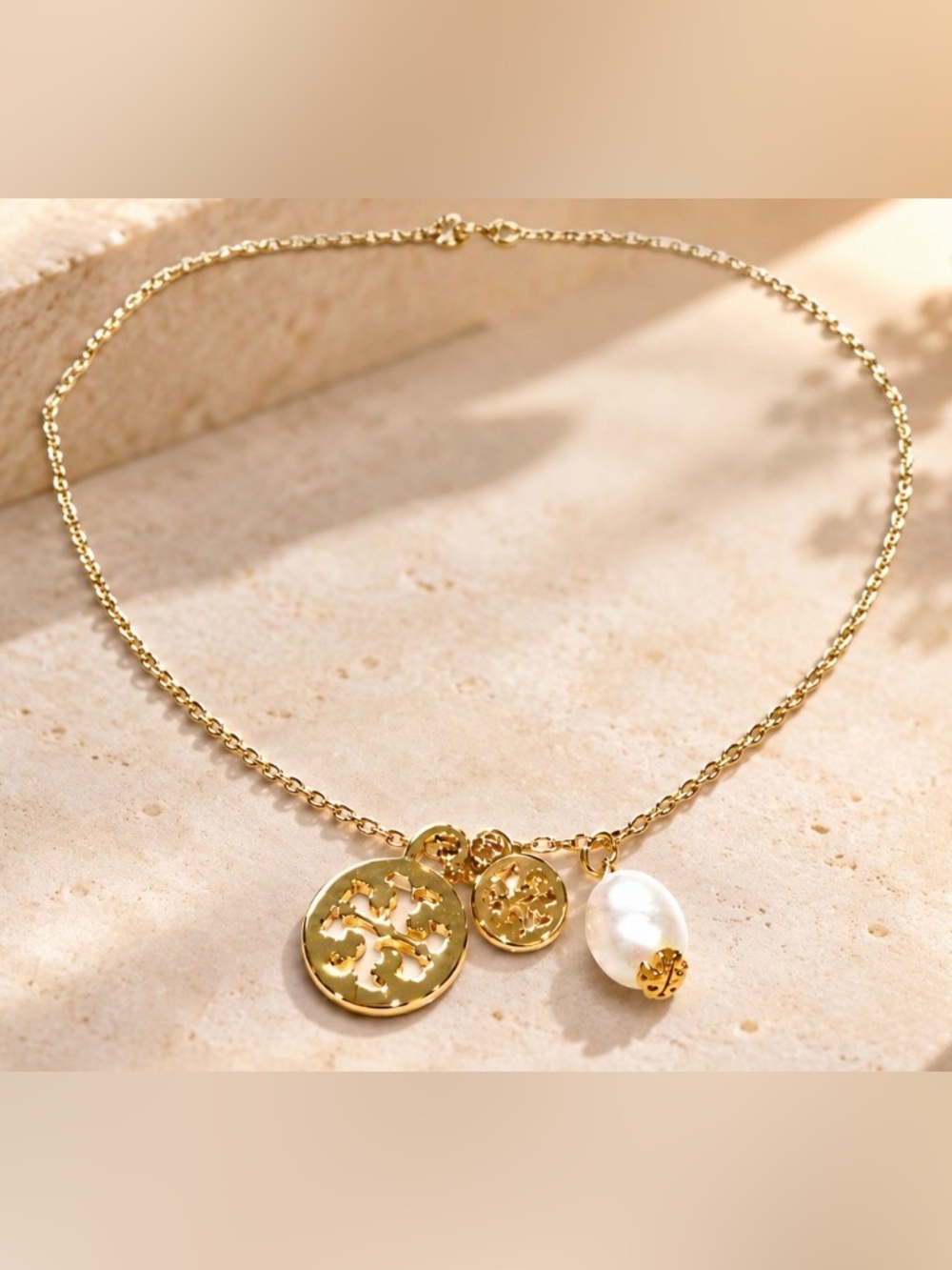 Tory Burch Gold-Tone Charm Miller & Pearl Necklace w/ Blue Dust Bag